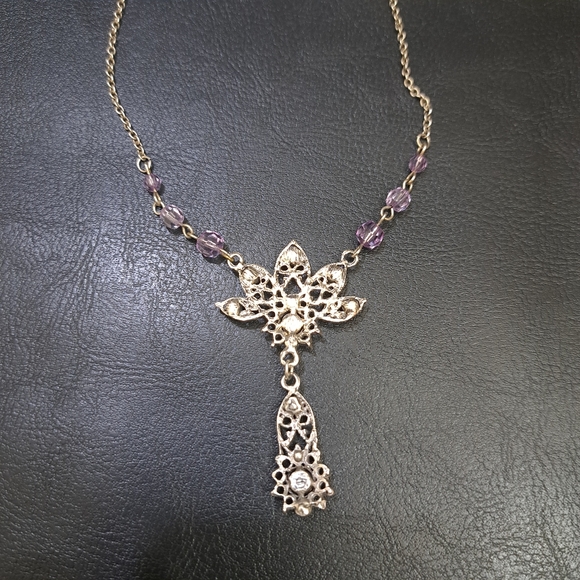 Women's Necklace Victorian Style Silver Tone Purple Beads Size 10 Inches‎ - Picture 11 of 12